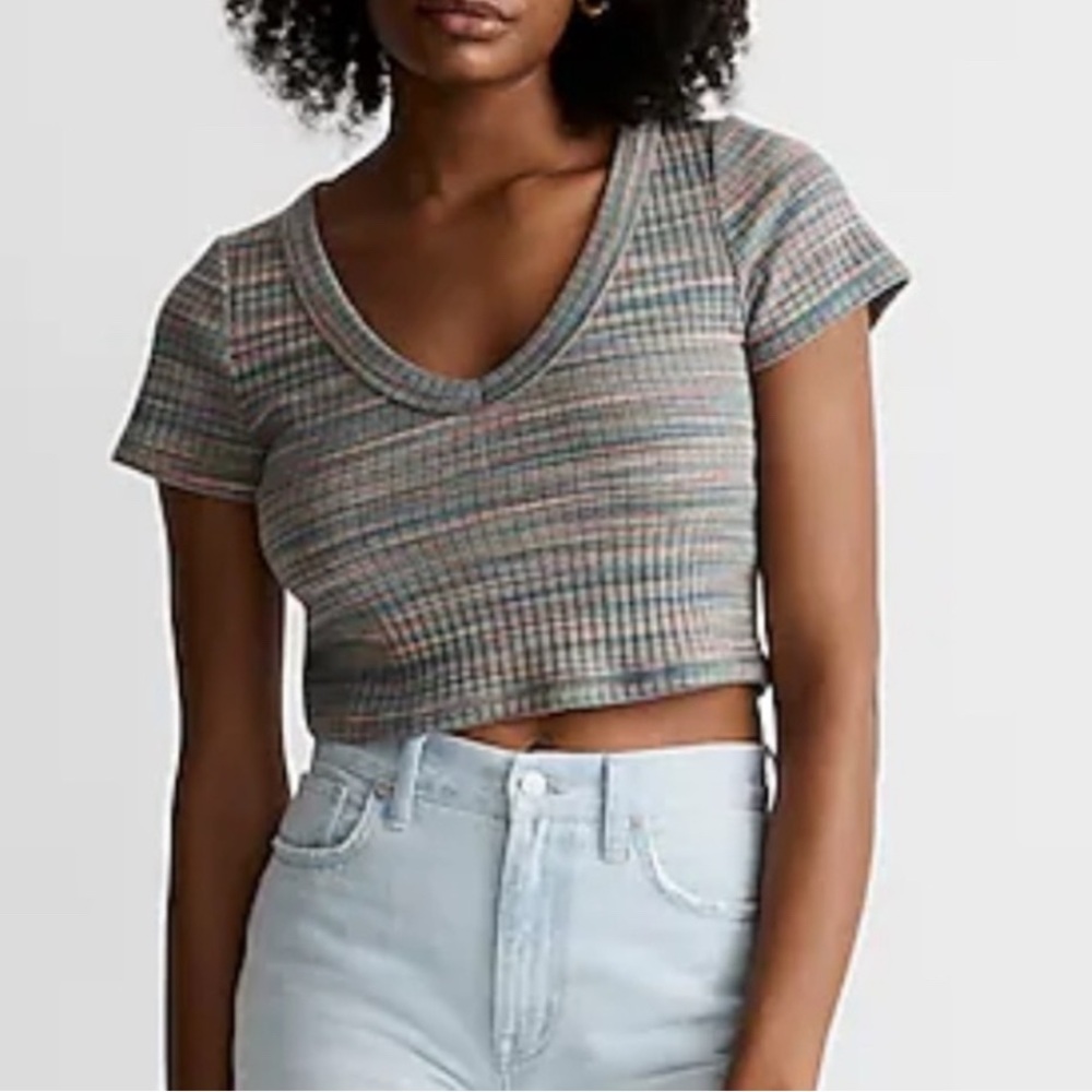 Madewell Ribbed V-Neck Crop Tee in Space-Dye Large